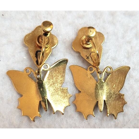 Vtg 40s 50s Japan Damascene Butterfly Screwback Earrings Dangle Art Deco Ornate - Picture 6 of 6